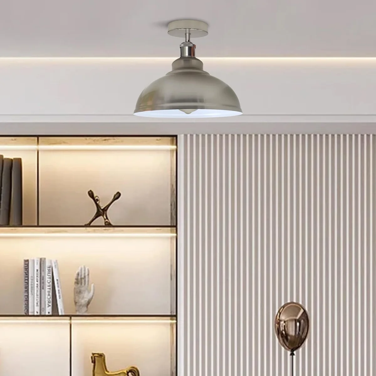 Curvy ceiling lamp with a sleek dome metal shade in rose gold, flush mounted for indoor industrial style lighting