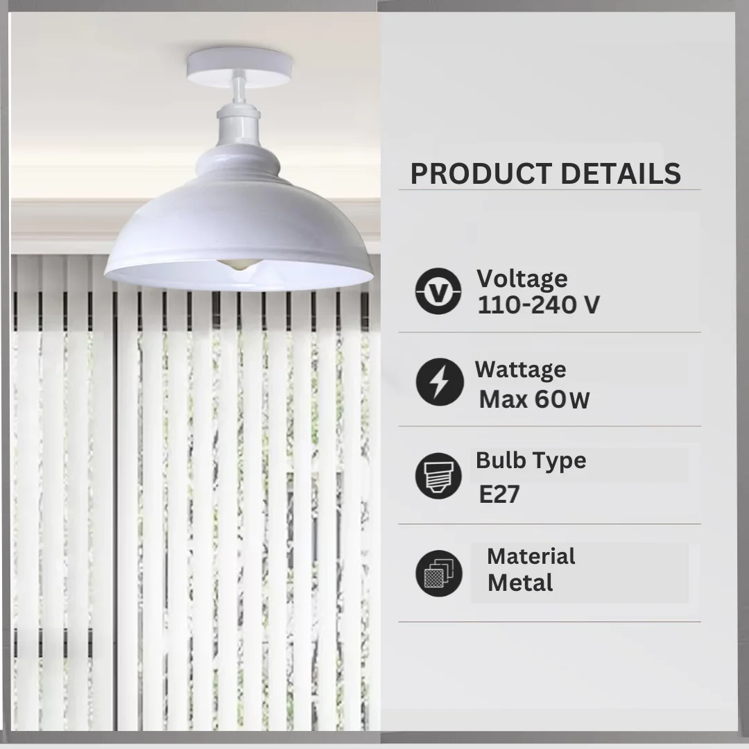 Industrial style dome shade ceiling light with curvy metal shade in satin nickel finish mounted flush to ceiling