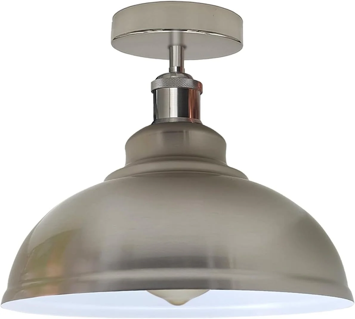 Curvy dome-shaped industrial ceiling light in chrome finish with flush mount design for indoor use