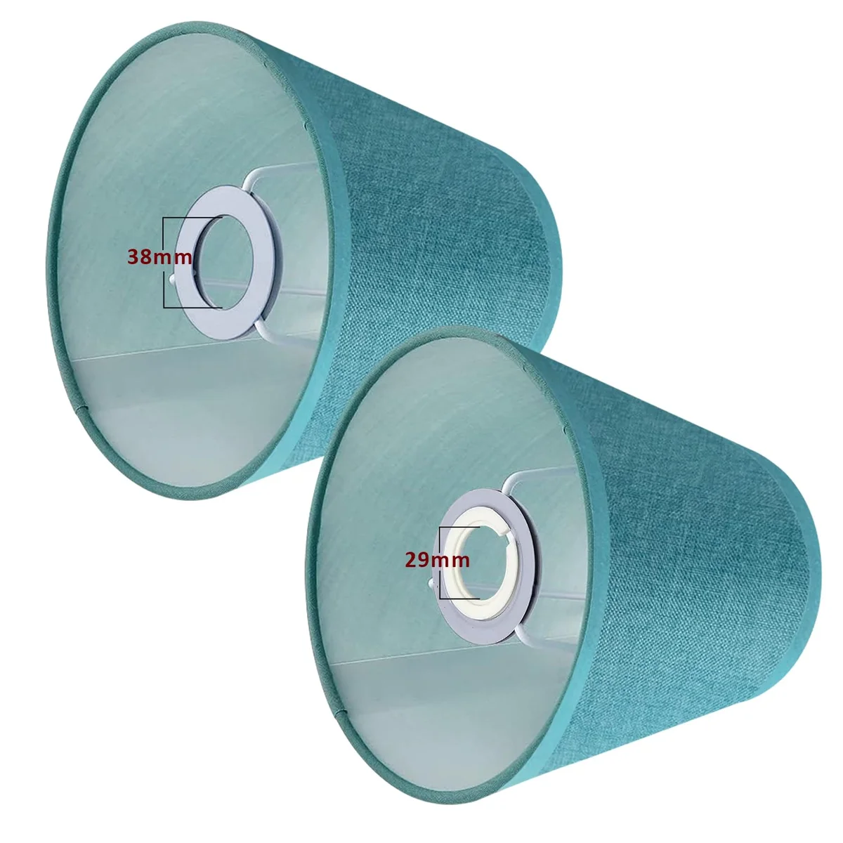 Beige fabric bedside lamp shade with barrel shape and plastic lining, shown on a white background