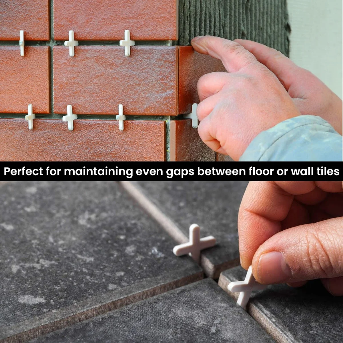White plastic x shape tile spacers arranged neatly on a plain background for tiling gap adjustment