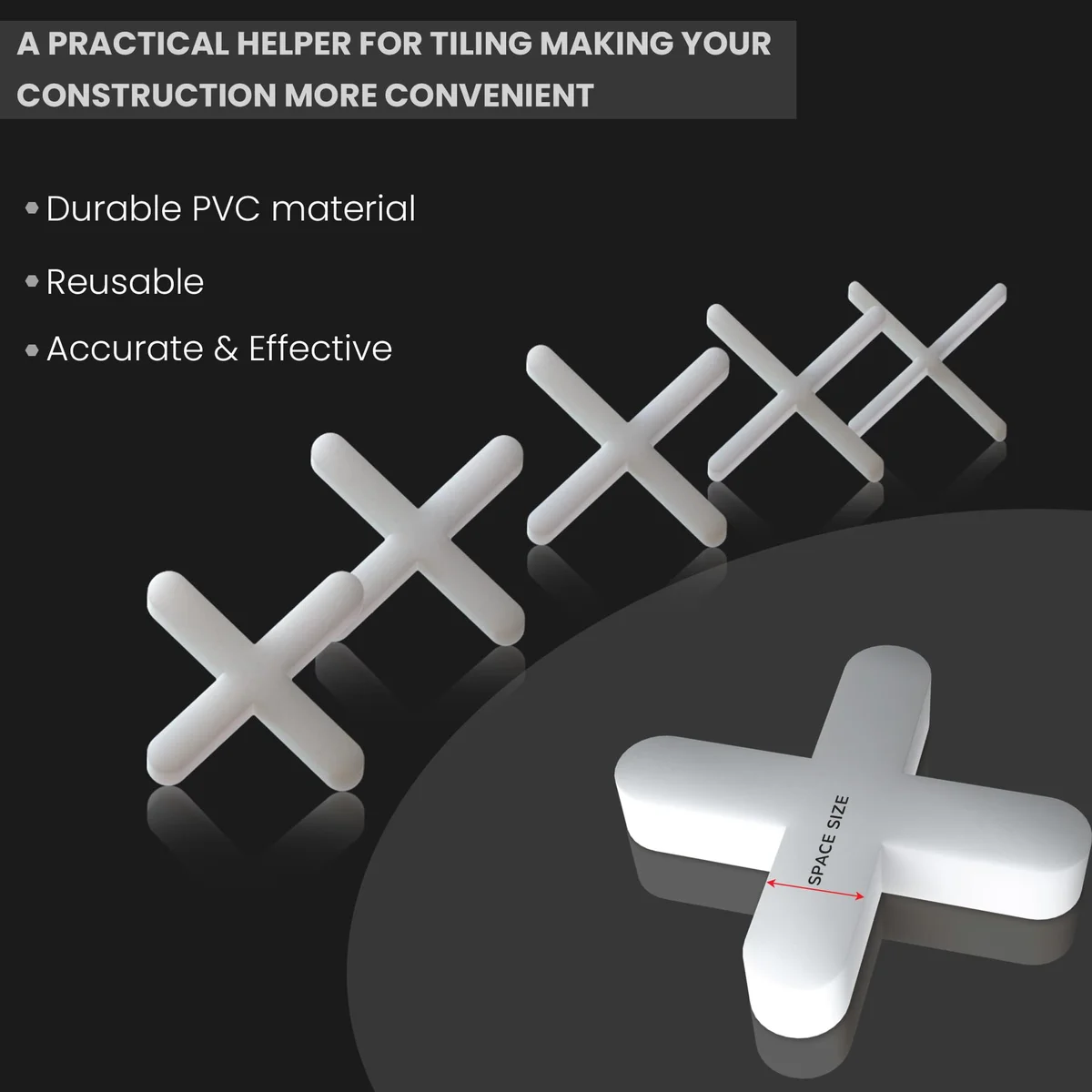 White plastic cross-shaped tile spacers 1mm to 5mm arranged on a surface for even tile gaps