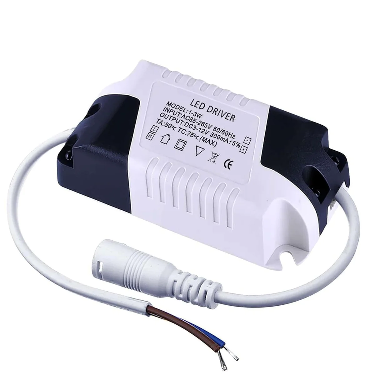 Compact black 1-3W constant current LED driver with input/output voltage labels and wiring terminals on a white background