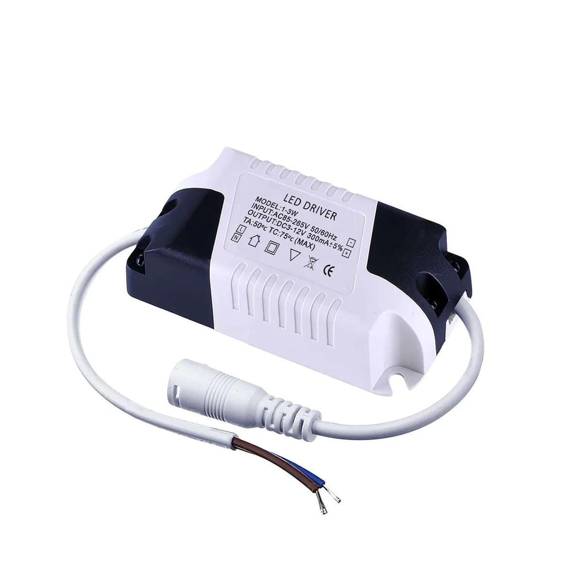 Compact 1-3W 300mA LED transformer with plastic casing and wiring for indoor low-voltage LED lighting systems