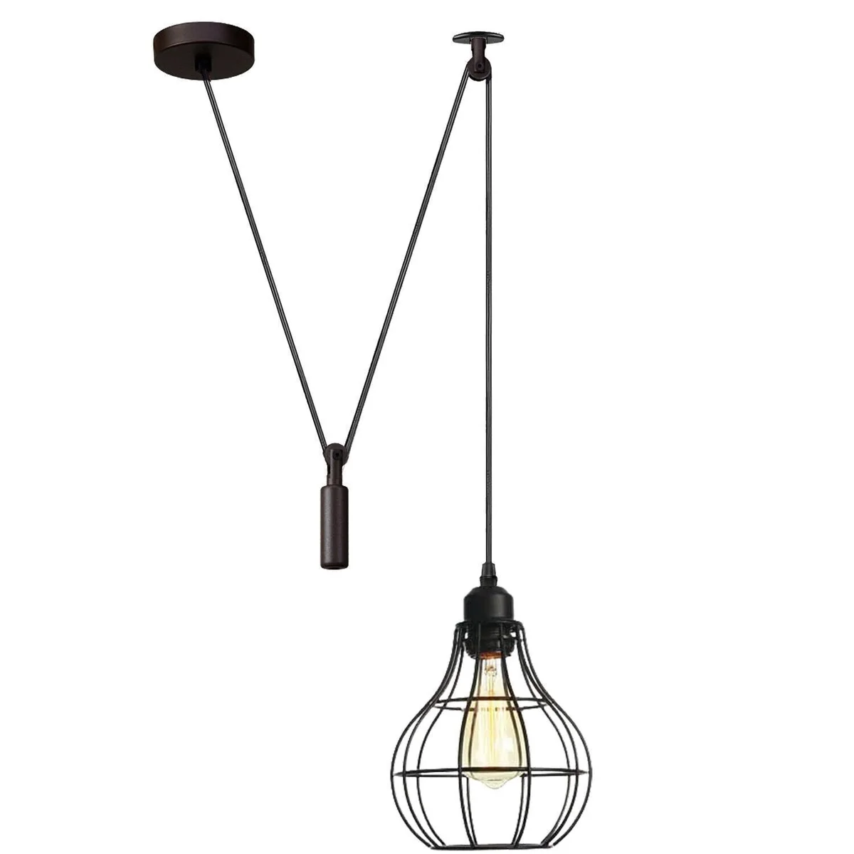 Black hanging light vintage pendant with metal cage and pulley system, 2m cable, suitable for E27 bulb installation