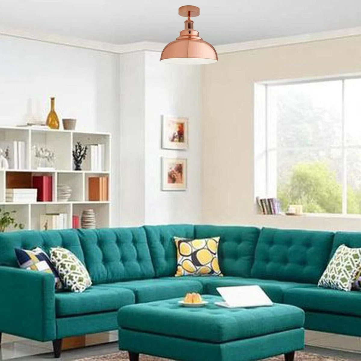 Stylish dome-shaped modern metal kitchen ceiling light with painted finish, shown installed above dining table in bright room