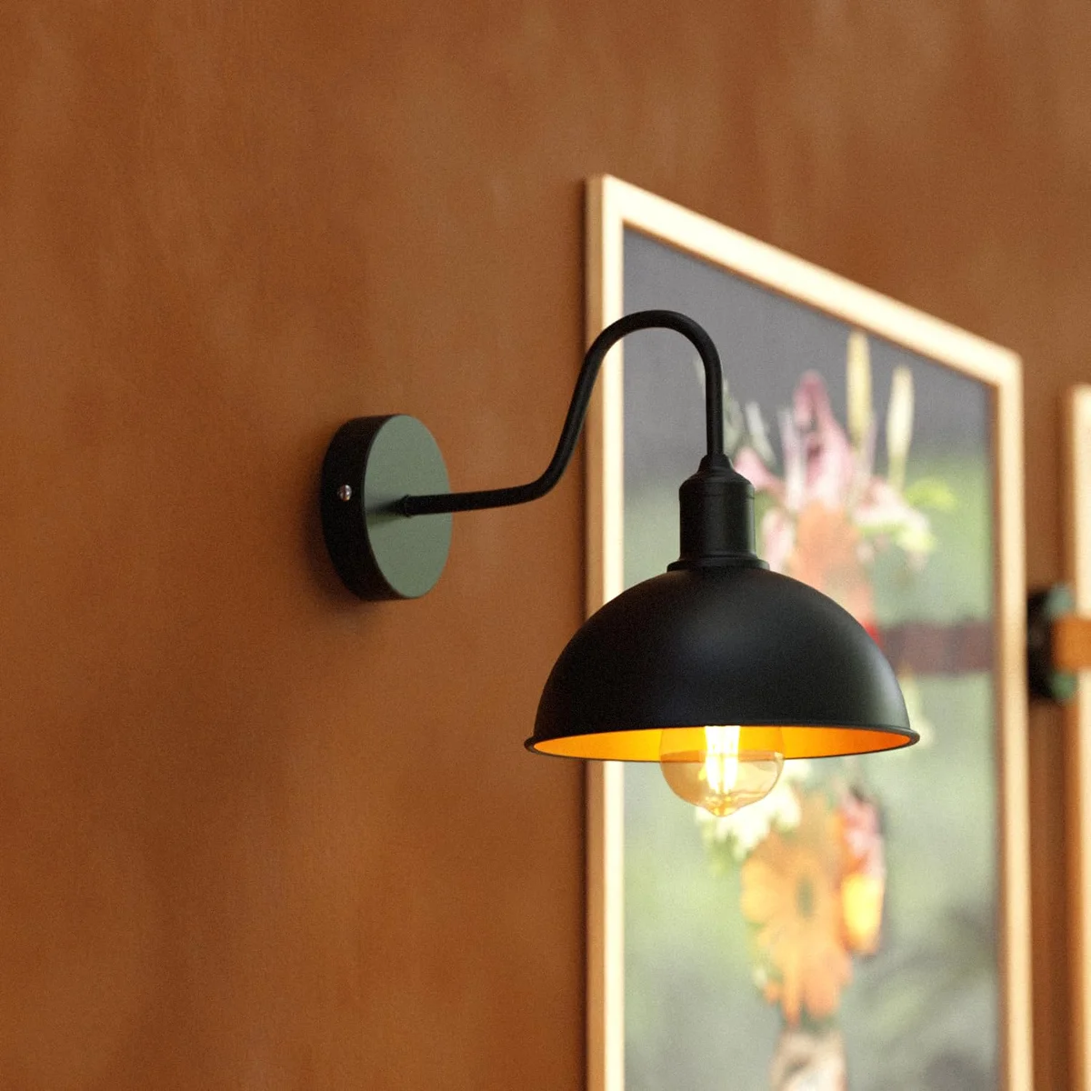 Vintage wall light with black rustic metal shade, mounted indoor sconce with E27 bulb holder and antique finish