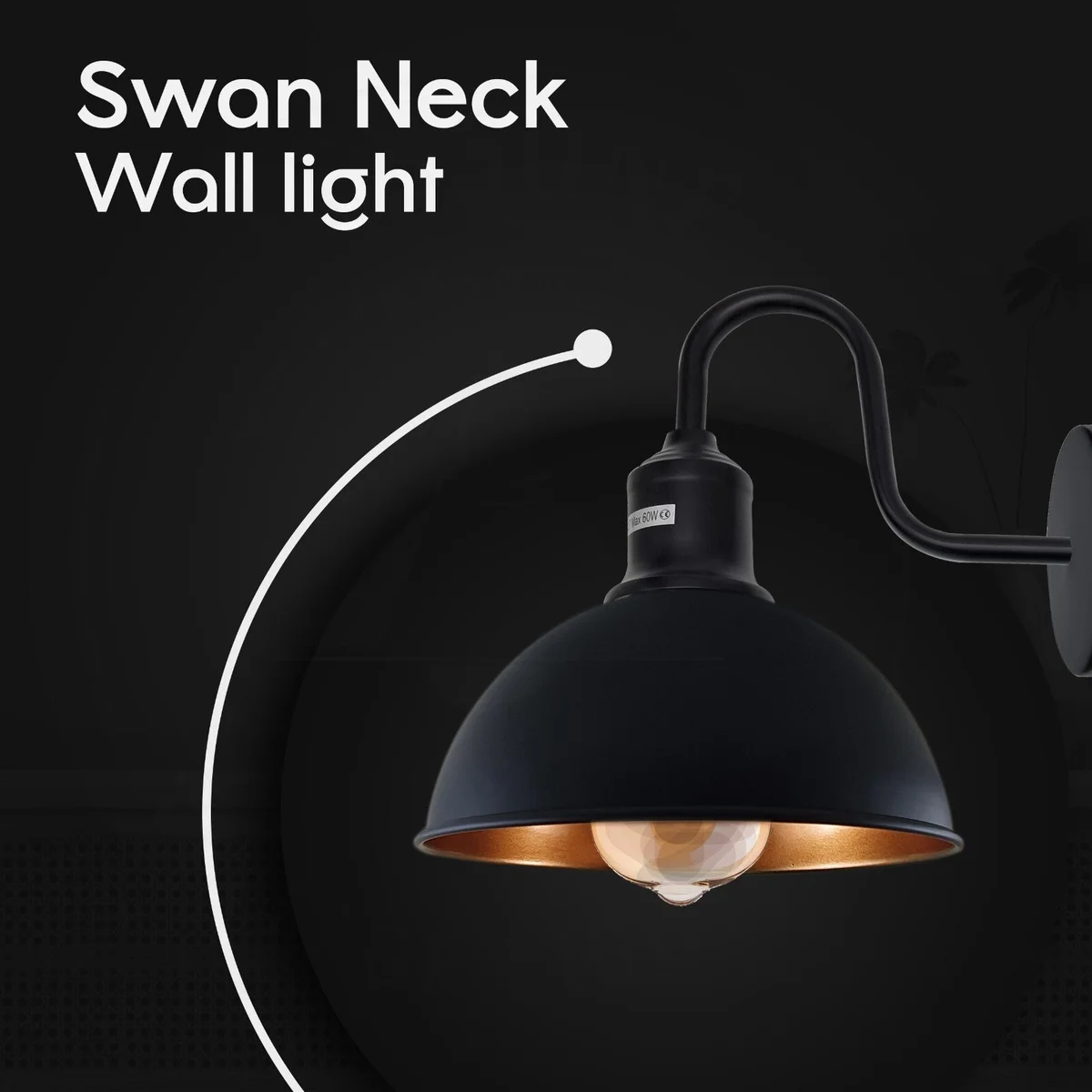 Vintage rustic black indoor metal lamp with thickened metal shade, mounted on wall, warm soft lighting effect