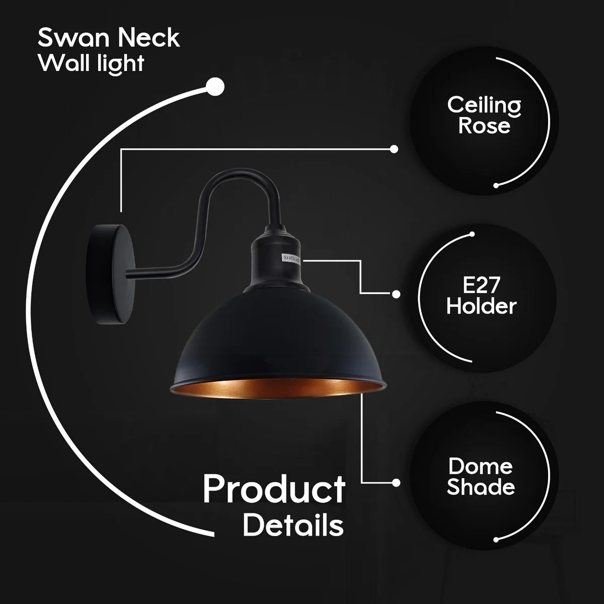 Vintage rustic black metal dimmable wall lamp with curved arm and round ceiling plate, indoor sconce with E27 bulb holder