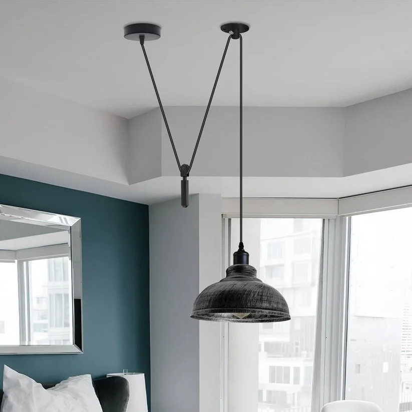 Brushed silver 1-way spider pendant light with curvy metal shade and adjustable 2m hanging cord for indoor use