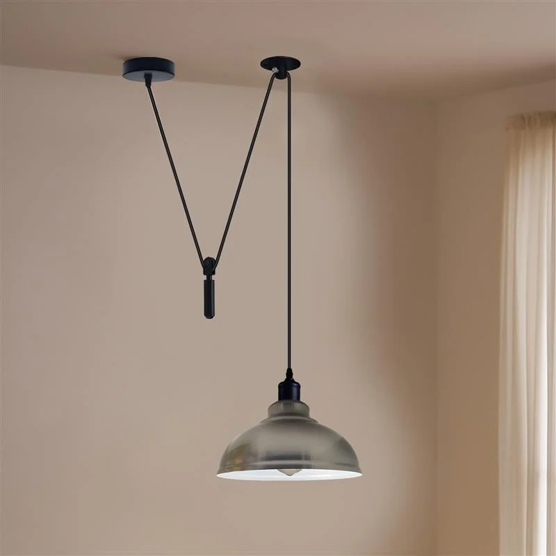 Adjustable hanging light with curvy metal spider pendant shade in brushed silver, suspended by a 2m cable from ceiling hook