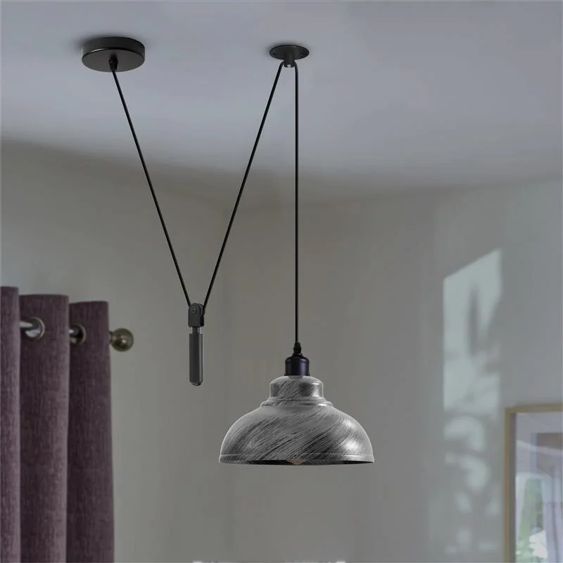 Industrial 1-way spider pendant light with brushed silver metal shade and adjustable 2m hanging cord ceiling mount