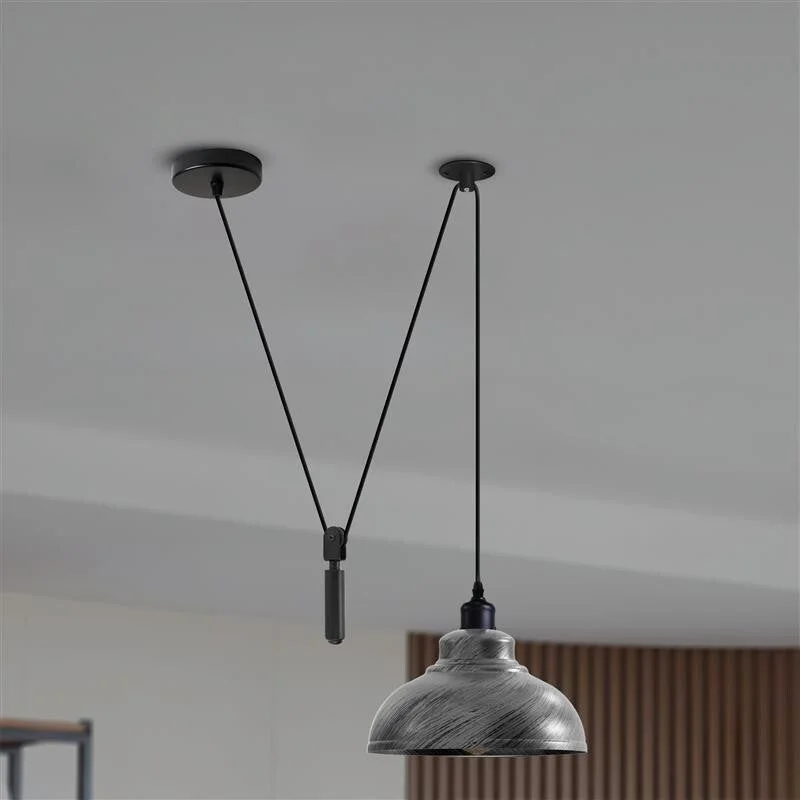 Curvy 1-way spider pendant light in brushed silver metal with 29cm shade and adjustable 2m cord hanging indoors