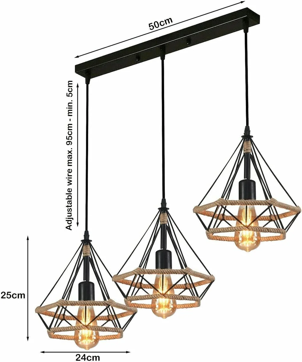 Vintage black metal pendant light with three white interior shades and hemp rope detailing hanging from ceiling rose