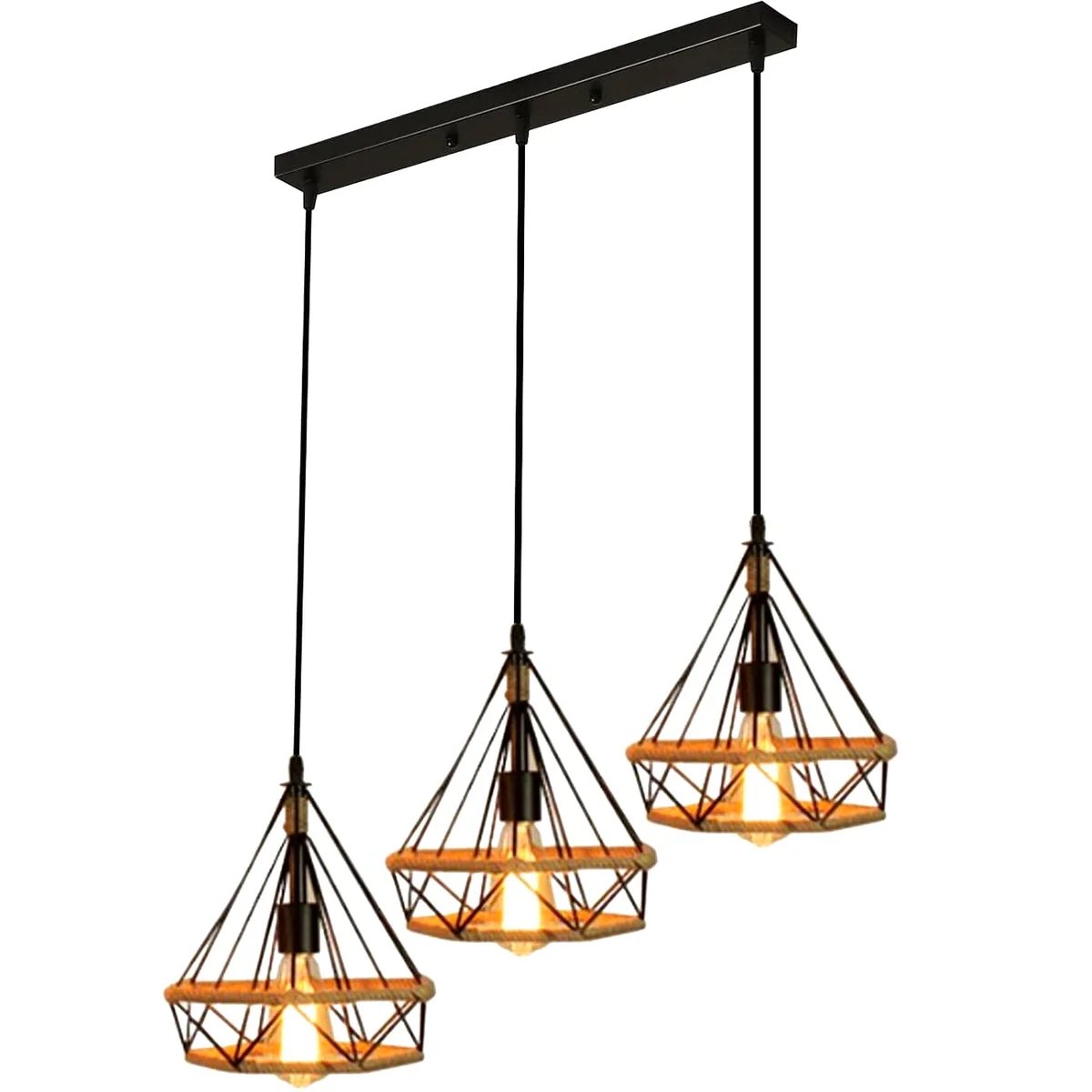 Black metal and hemp rope 3 head pendant lamp with white interior shades and adjustable cables hanging against a white background