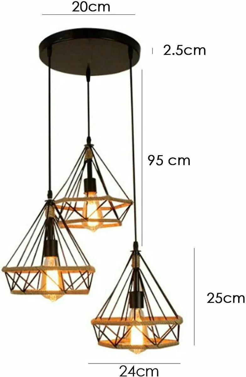 Vintage industrial pendant light with three black metal shades and hemp rope detailing hanging from ceiling rose