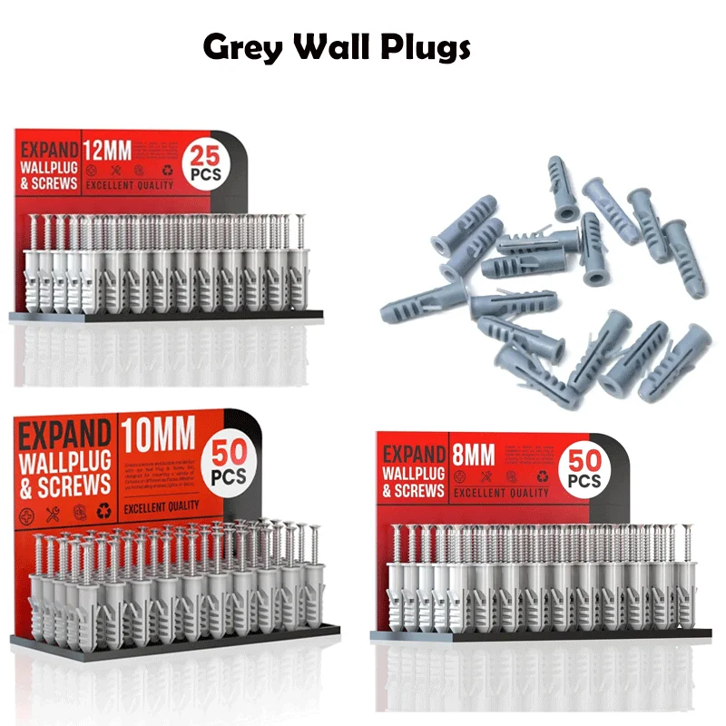 Grey raw wall plugs with ribbed design and self-tapping screws in a clear organizer box for fixing on brick and concrete walls