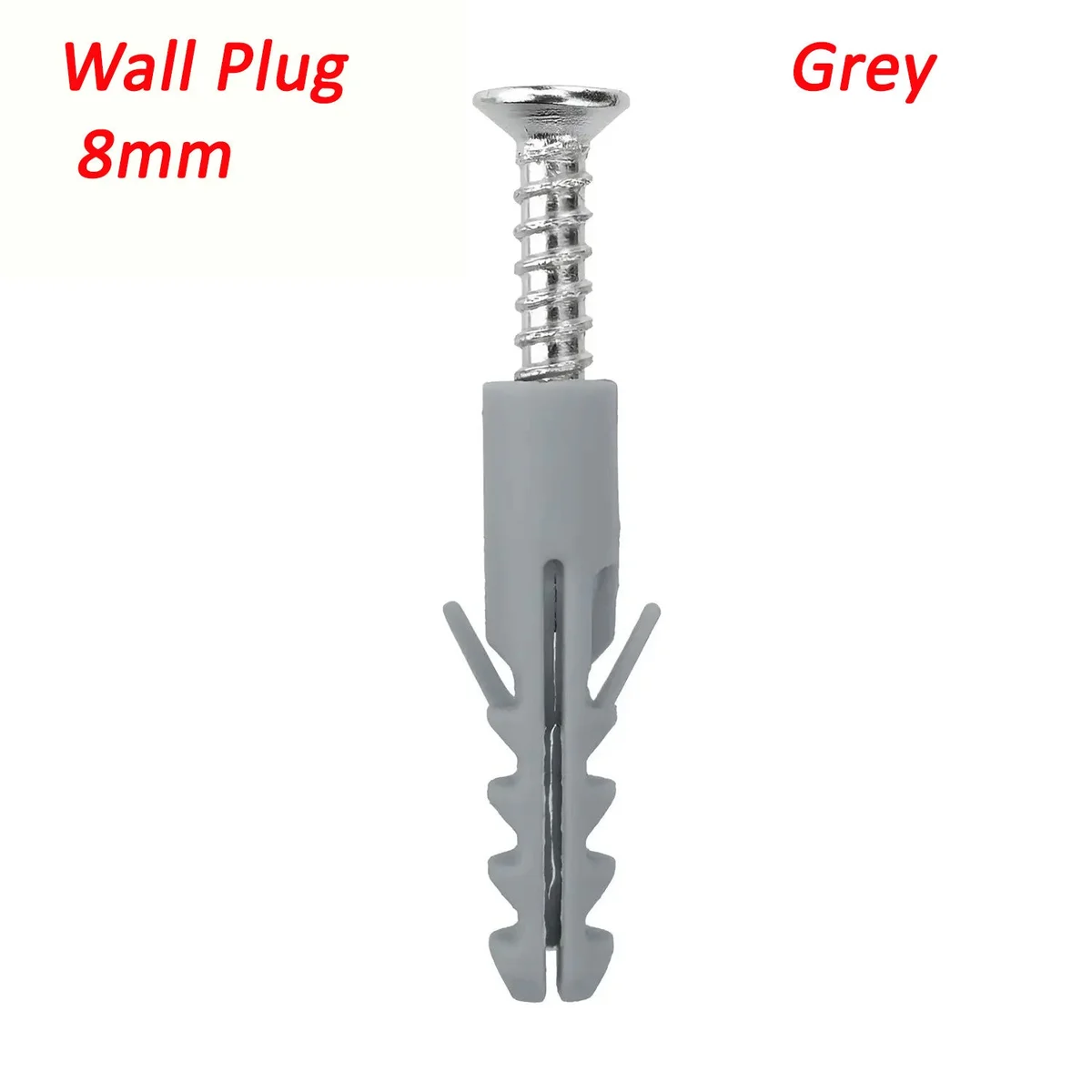 Grey plastic screw fixing wall plugs with self-tapping screws in a clear organizer box for brick and concrete walls