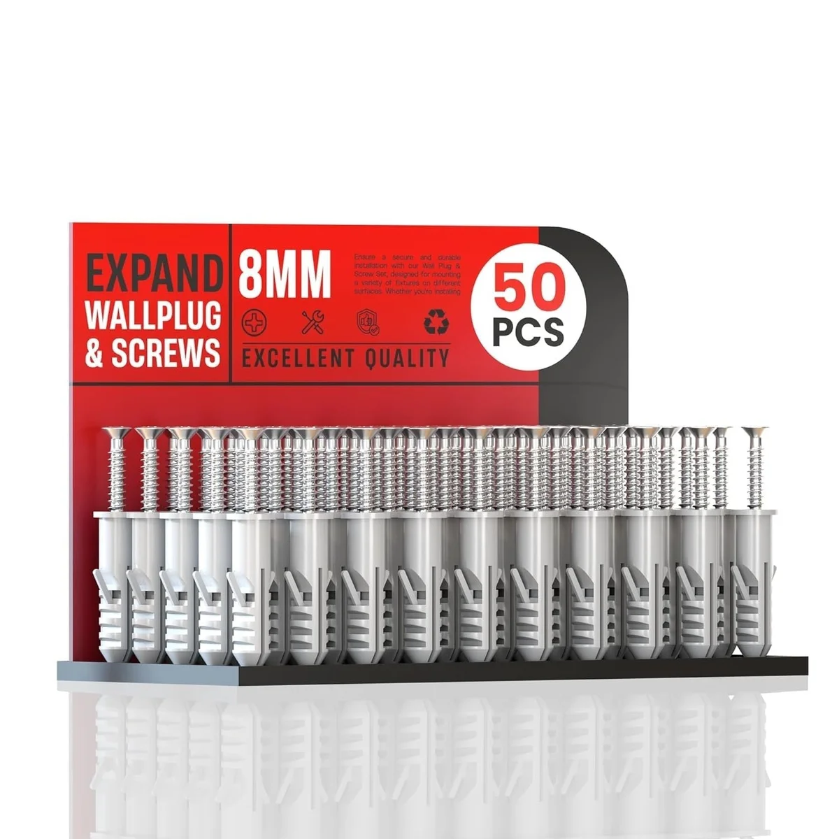 Grey plastic expansion wall anchors with ribbed design and self-tapping screws in a clear organizer box