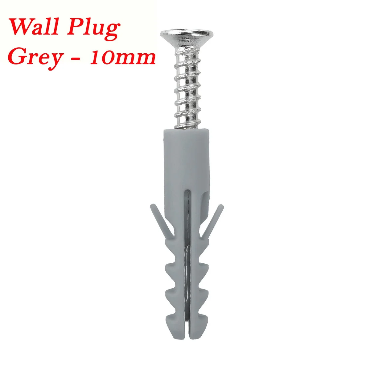 Grey plastic wall plugs with self-tapping screws in a clear organizer box for brick, stone, and concrete fixing tasks