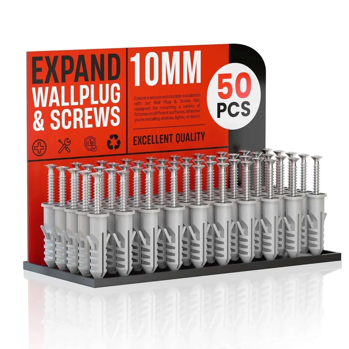 Grey plastic raw wall plugs with silver self-tapping screws arranged in a clear organizer box compartments