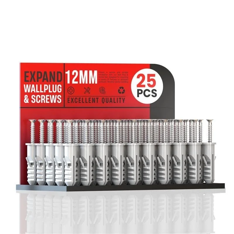 Grey raw wall plugs with self-tapping screws displayed in a clear organizer box with multiple compartments