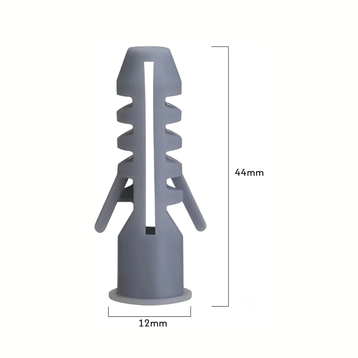 Grey raw wall plugs and self-tapping screws neatly organized in a clear plastic compartment box for fixing in brick and concrete walls