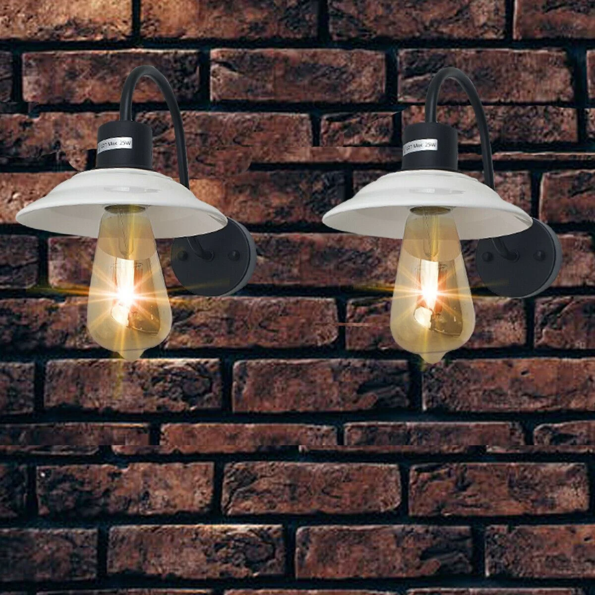 White industrial metal dimmable wall lamp with E27 bulb fitting mounted on a white indoor wall