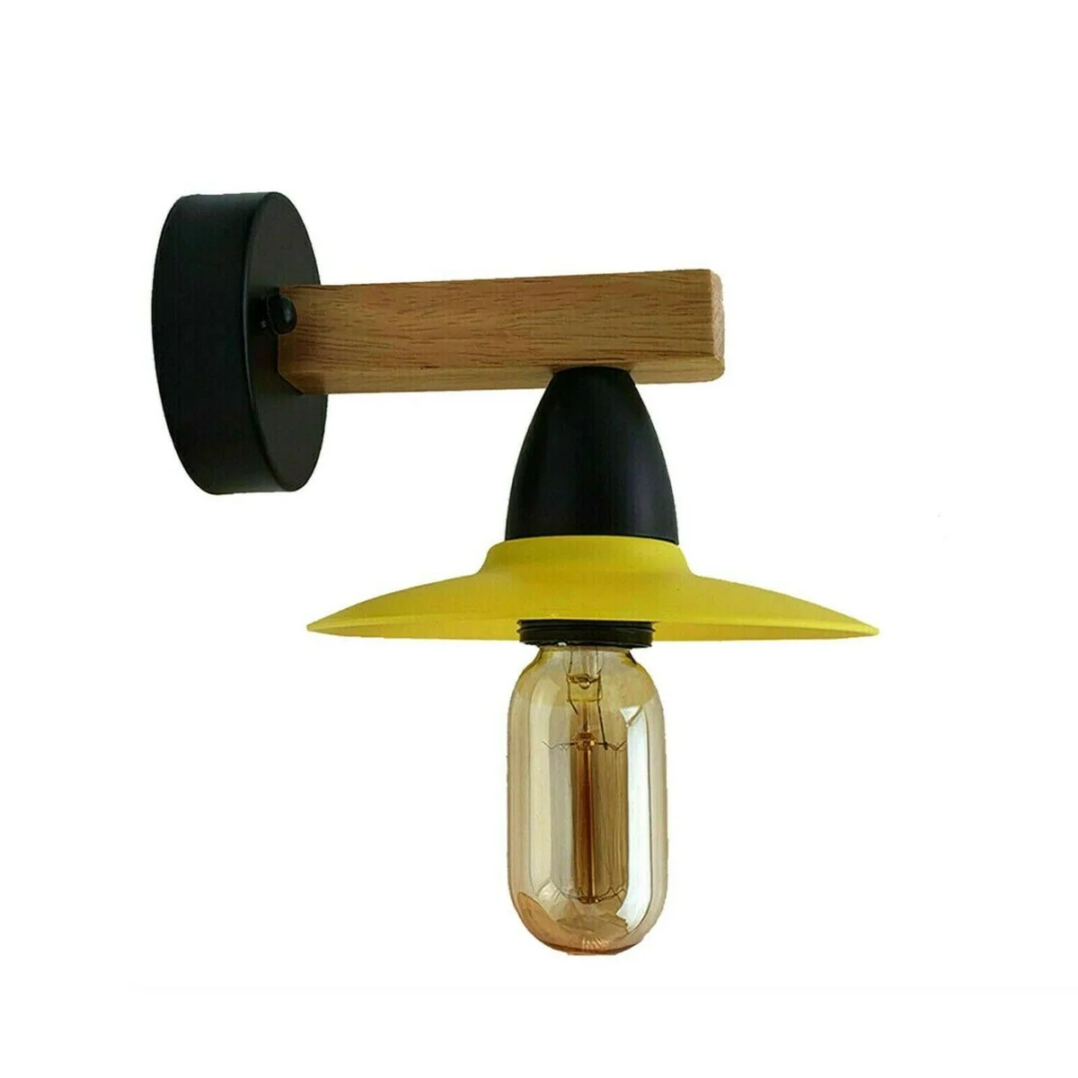 Yellow industrial-style indoor wall lamp with metal sconce and E27 base, mounted on a white wall, light directed downwards