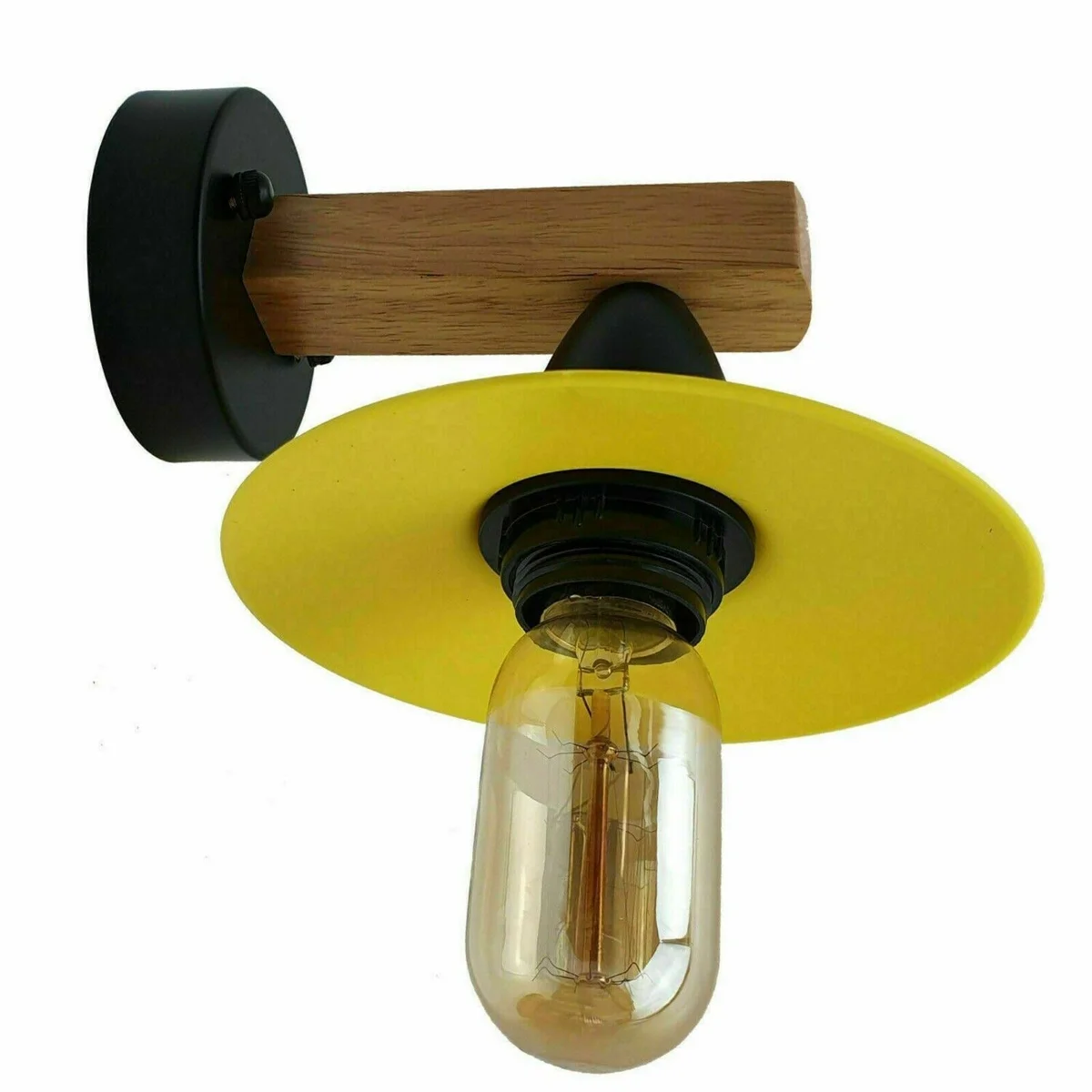 Yellow dimmable wall light with metal industrial design and E27 base, mounted indoors for modern decorative lighting