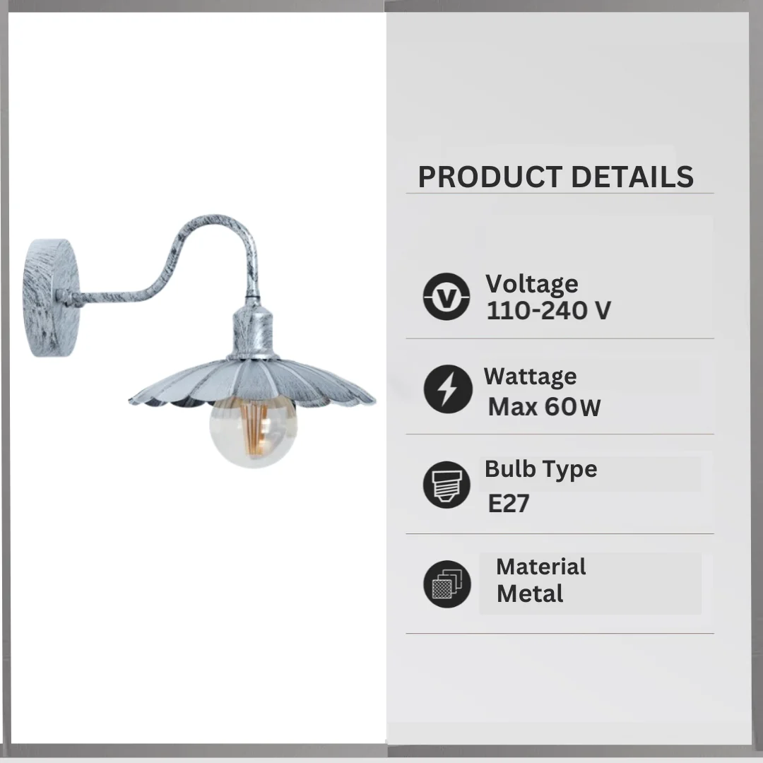 Vintage umbrella shade wall light in metal finish, mounted on wall, suitable for outdoor use with E27 bulb holder