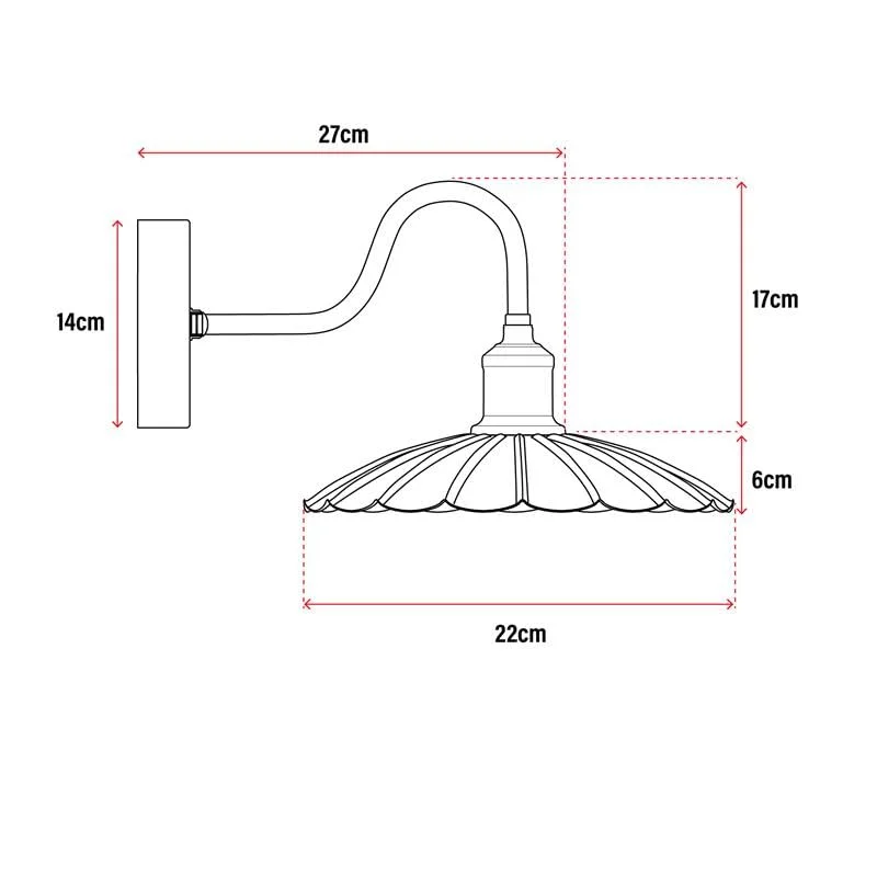 Vintage umbrella shade dimmable outdoor wall lamp in metal with E27 bulb holder, mounted on a wall for rainproof use