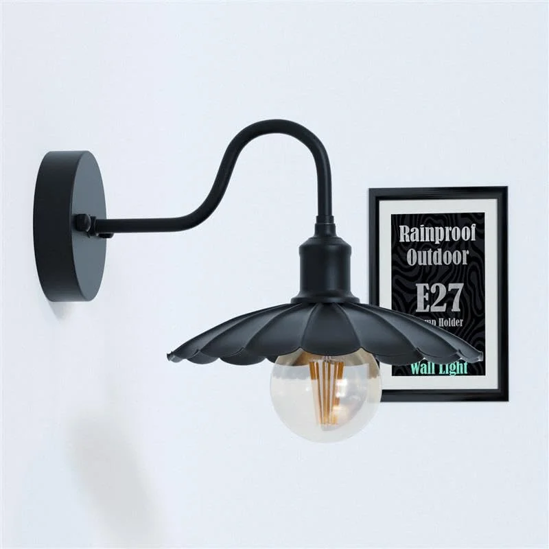 Vintage metal outdoor wall light with umbrella-shaped shade mounted on wall, suitable for dimmable E27 bulbs, 22cm wide