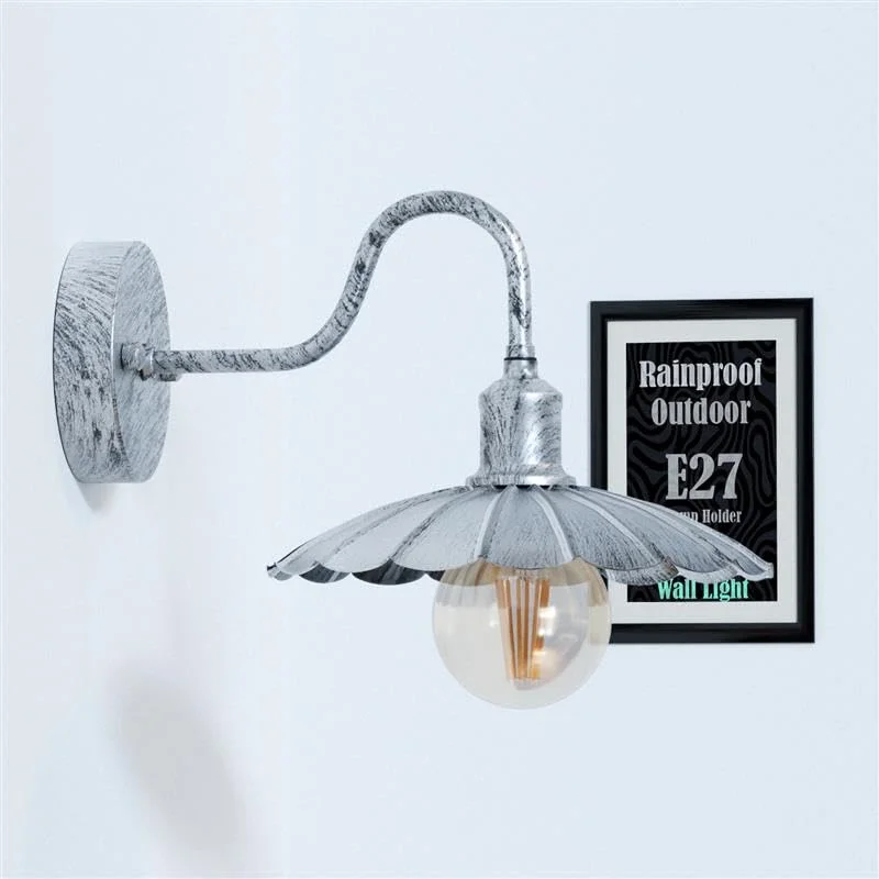 Vintage umbrella shade E27 bulb wall light mounted on metal bracket, rainproof design for outdoor use, 22cm diameter.