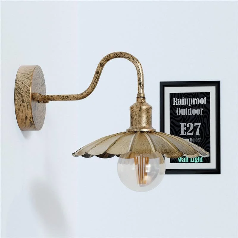 Vintage umbrella shade wall light in metal finish, showcasing rainproof outdoor lighting mounted on a wall