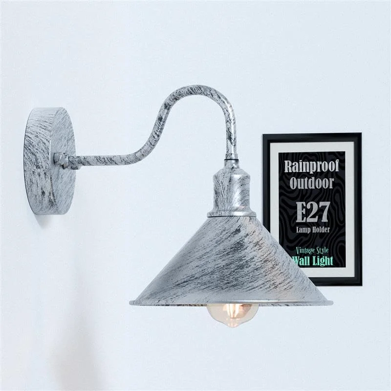 Vintage outdoor wall light with galvanized silver swan neck arm and cone shade, designed for weatherproof exterior use