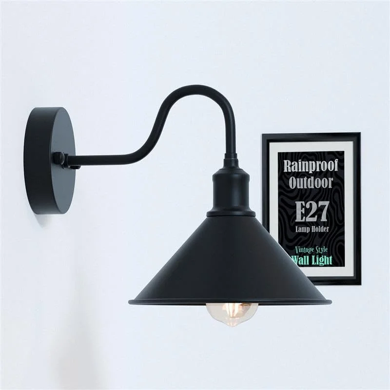 Vintage galvanised wall light with swan neck arm and cone shade in weatherproof metal finish mounted on wall