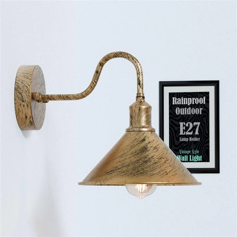 Galvanized silver industrial barn wall light with gooseneck arm and cone shade mounted on outdoor brick wall