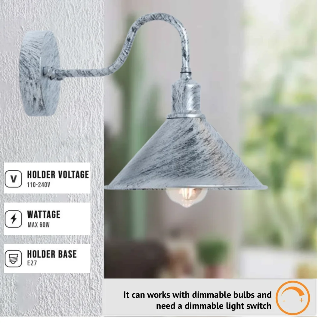 Galvanized silver gooseneck wall sconce with cone shade mounted on outdoor brick wall, vintage industrial style