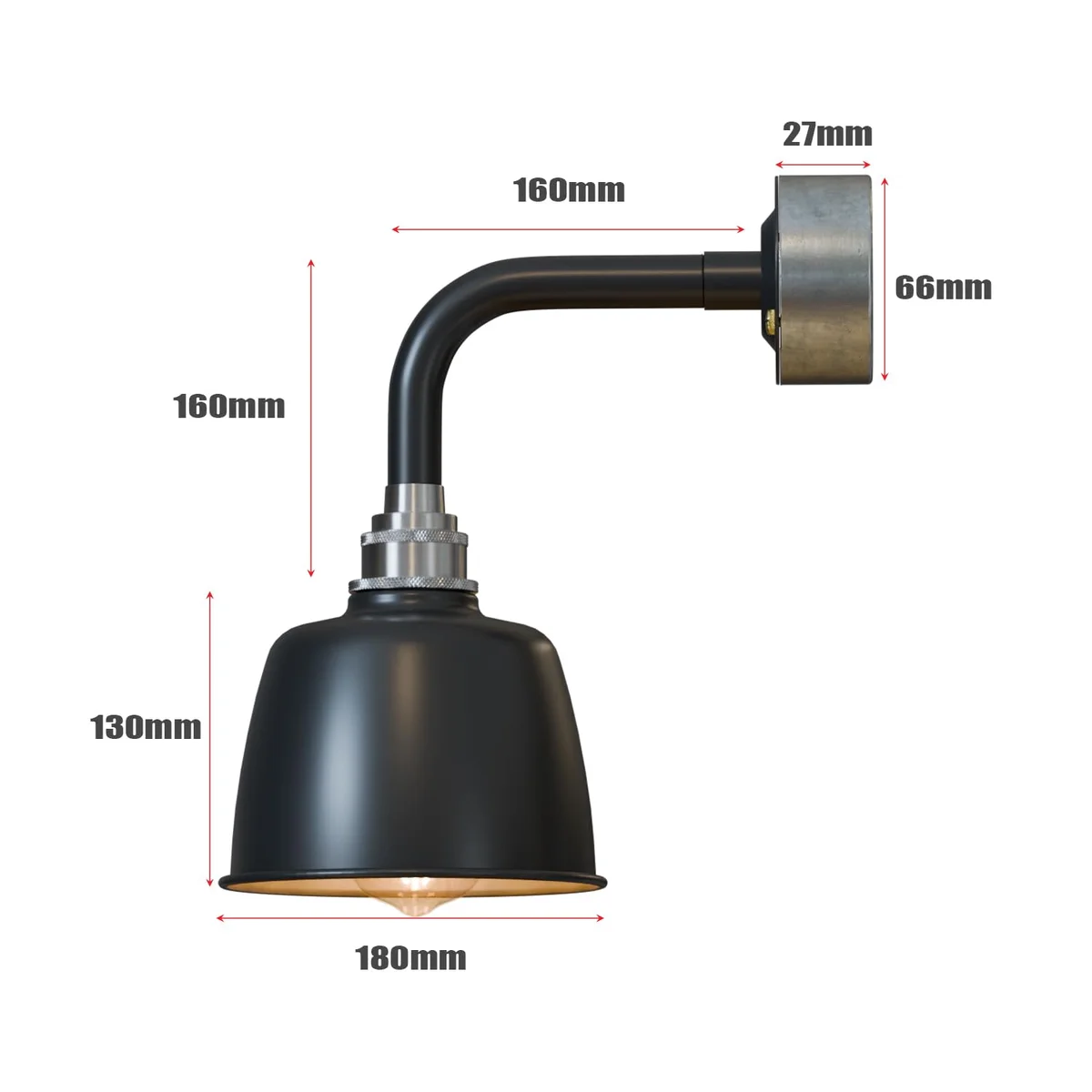 Vintage wall light with 20mm metal conduit pipe, curved swivel neck, and industrial metal shade, no bulb included.