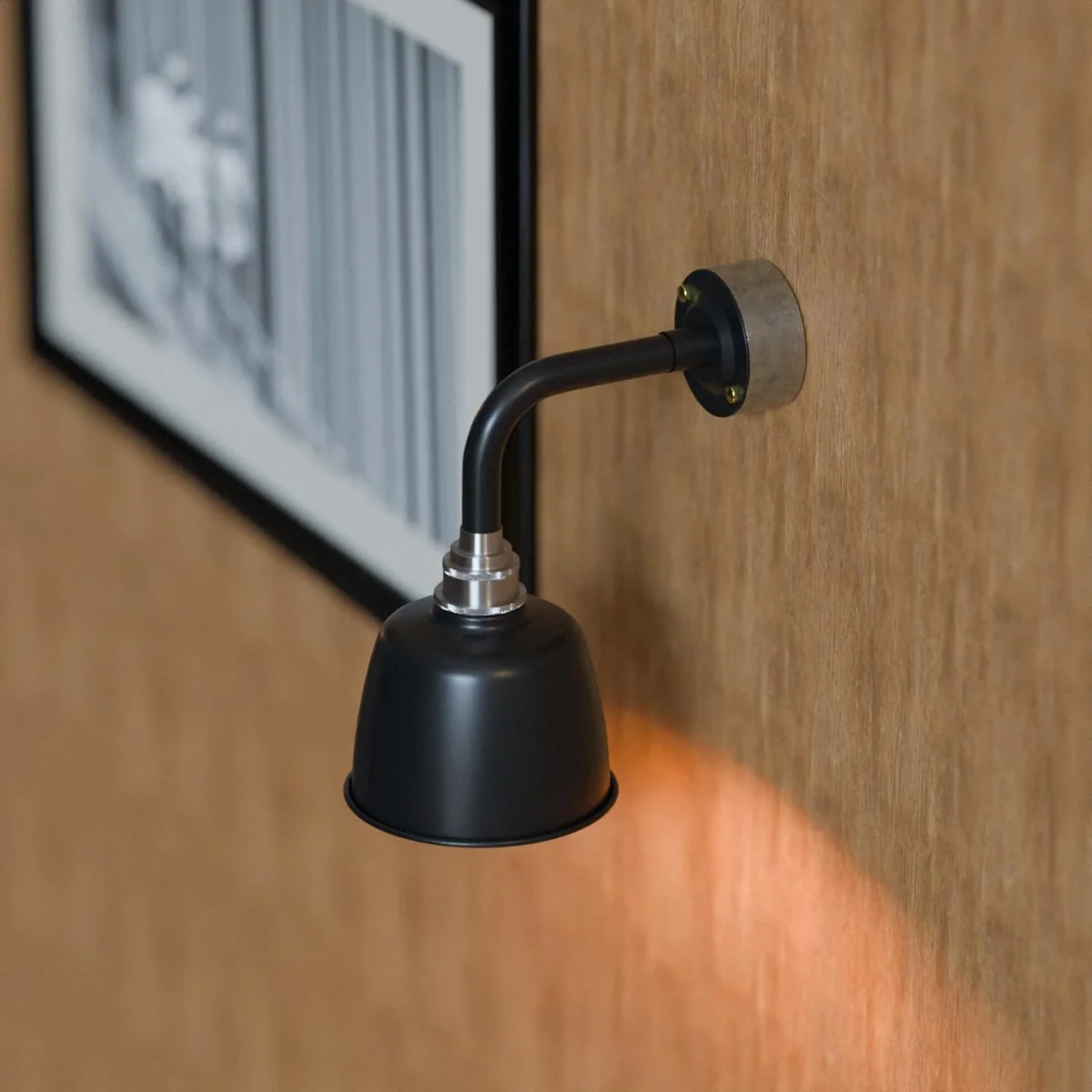 Vintage industrial 20mm conduit lighting wall kit with metal shade and curved swivel neck on white background