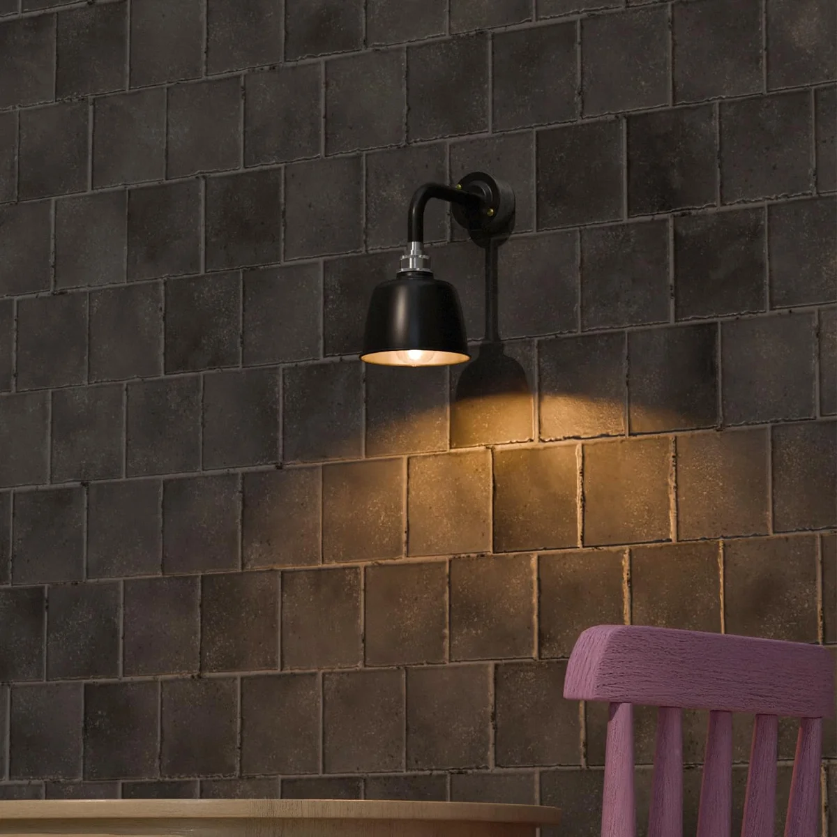 Vintage industrial metal wall light with curved neck and E27 base wall light, showing mounting hardware and metal shade