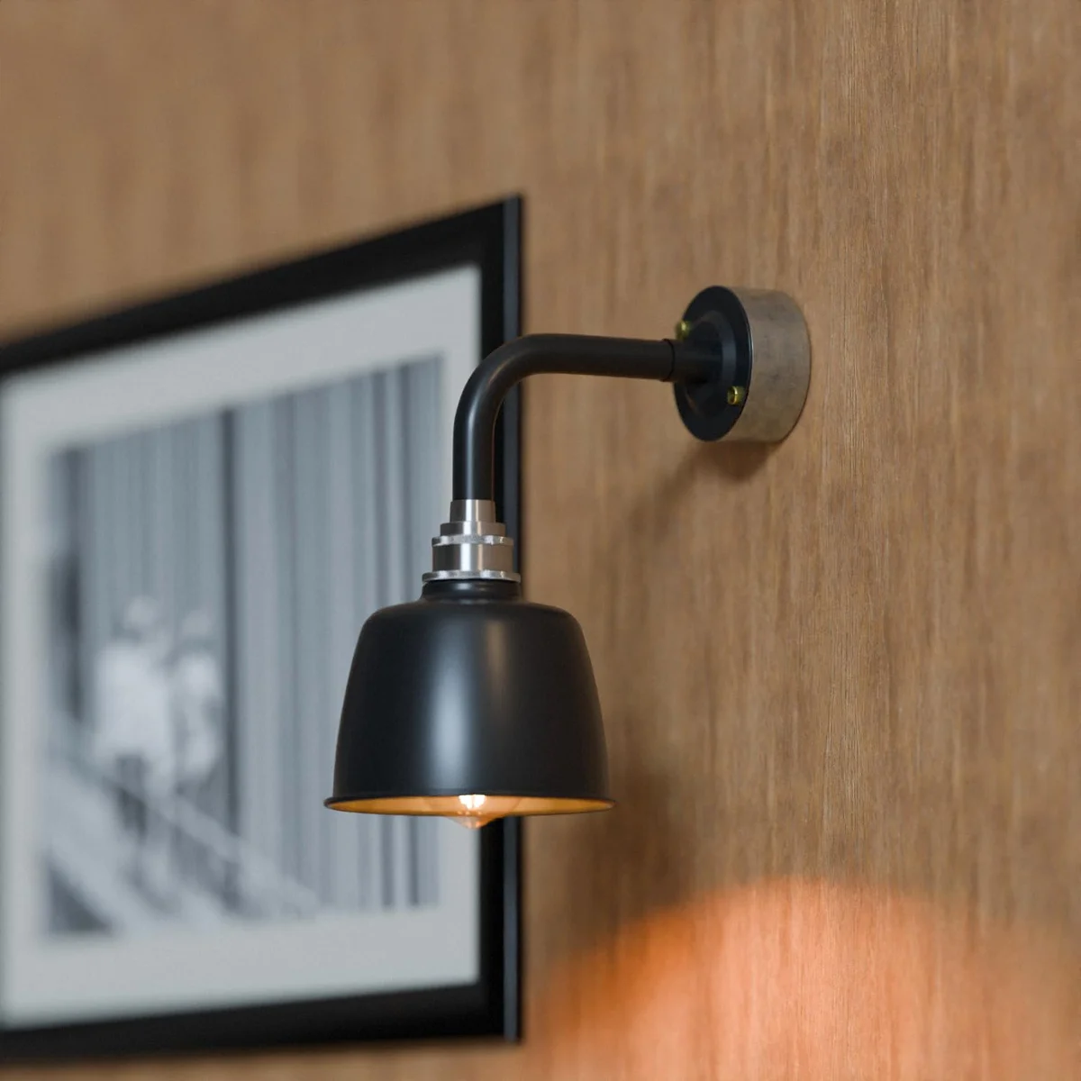Retro industrial lamp with 20mm conduit pipe, metal shade, and curved swivel neck wall-mounted design