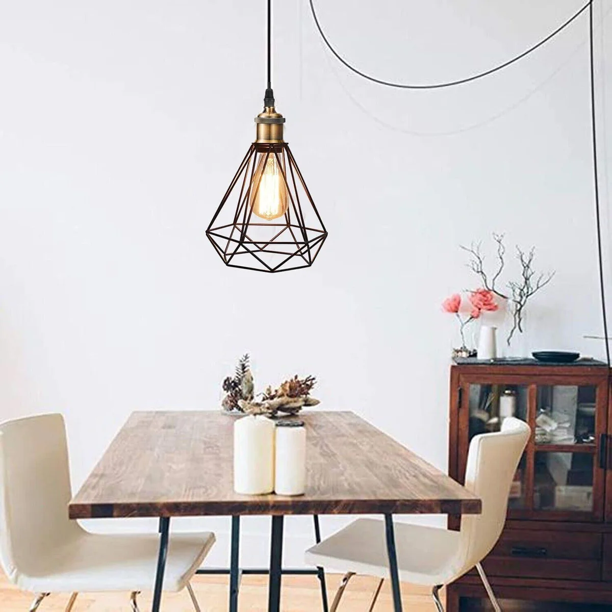 Modern plug in pendant light with 4m adjustable cord and white shade, suitable for vintage or farmhouse decor
