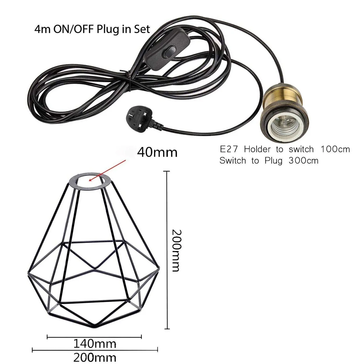 Adjustable cord pendant light with white shade and 4m black cord, plug-in design with switch for easy installation