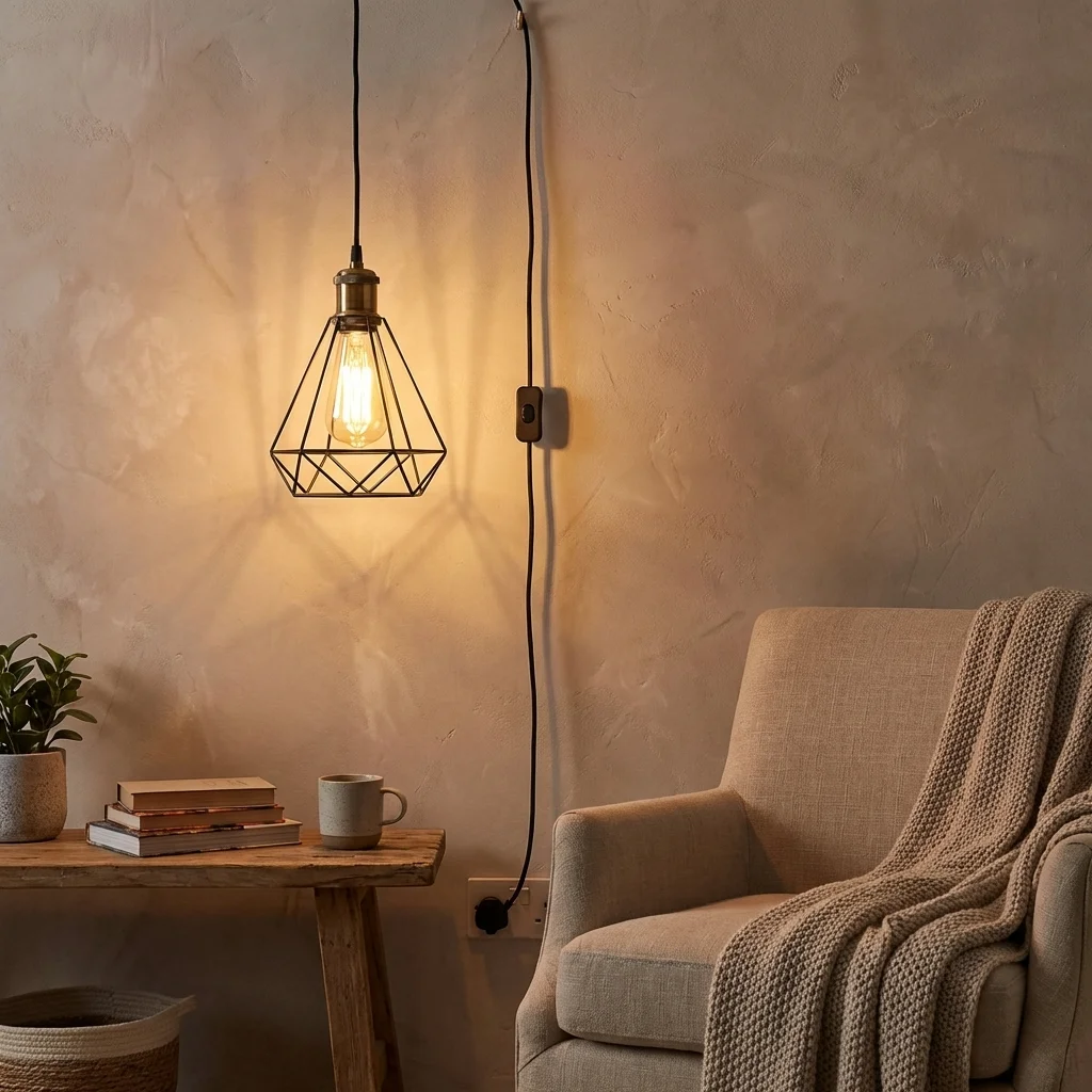 Modern 4m plug in pendant light with adjustable cord and E27 base pendant light fitting, shown with shade and switch