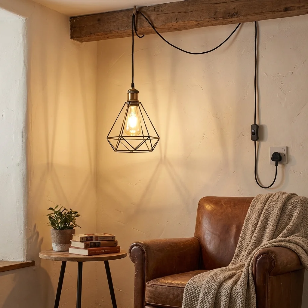 Vintage pendant light with cream shade hanging from a 4m adjustable black cord with plug-in switch on white background