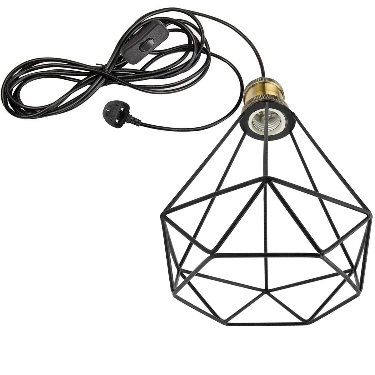 4m cord pendant light with white shade and E27 base, shown hanging against a plain background with switch visible