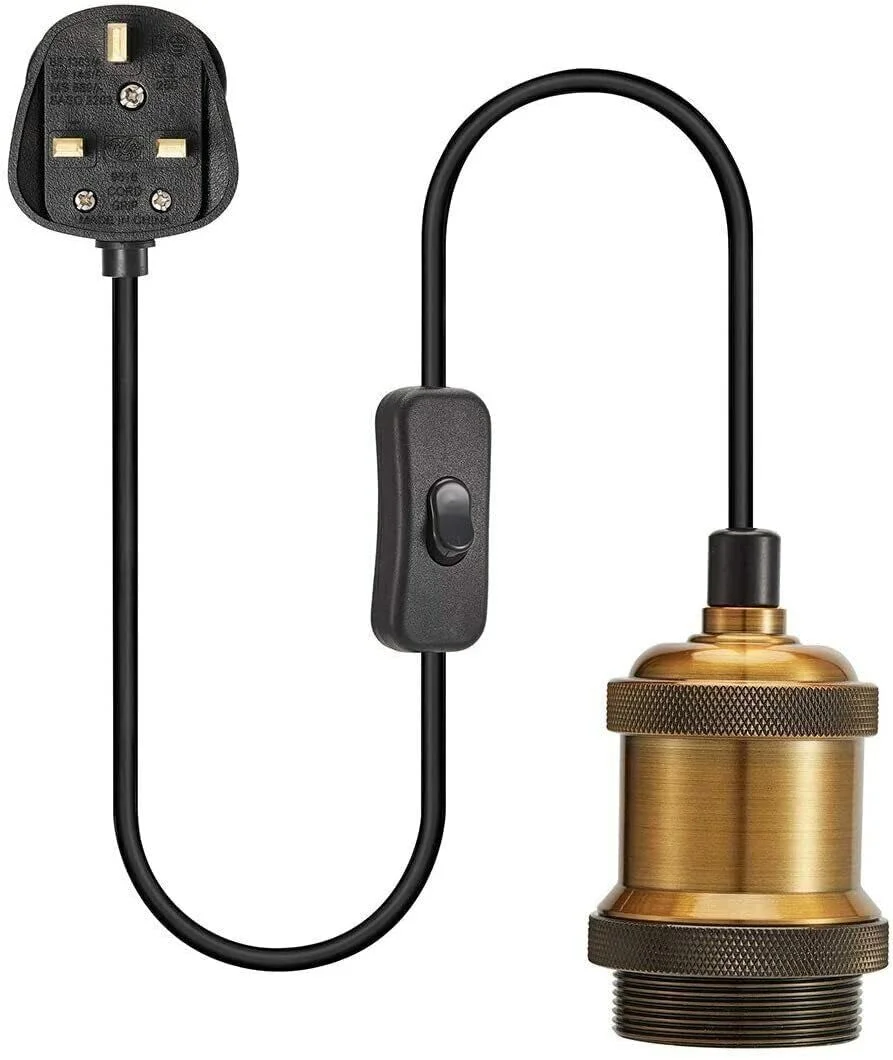 Plug in pendant light with 4m adjustable cord and white shade hanging against plain background, showing E27 base socket