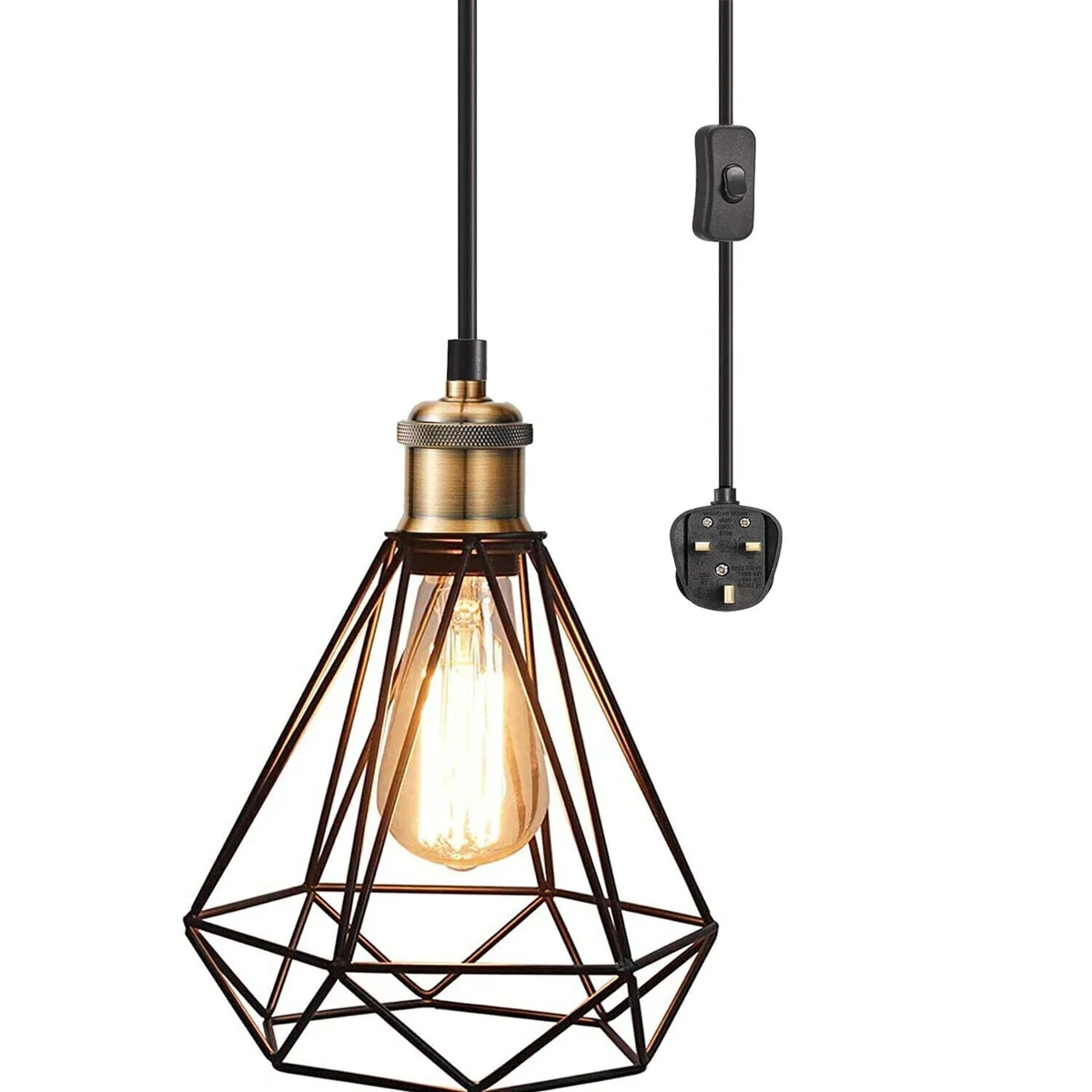 Modern plug in pendant light with white shade hanging from 4m adjustable cord against plain background